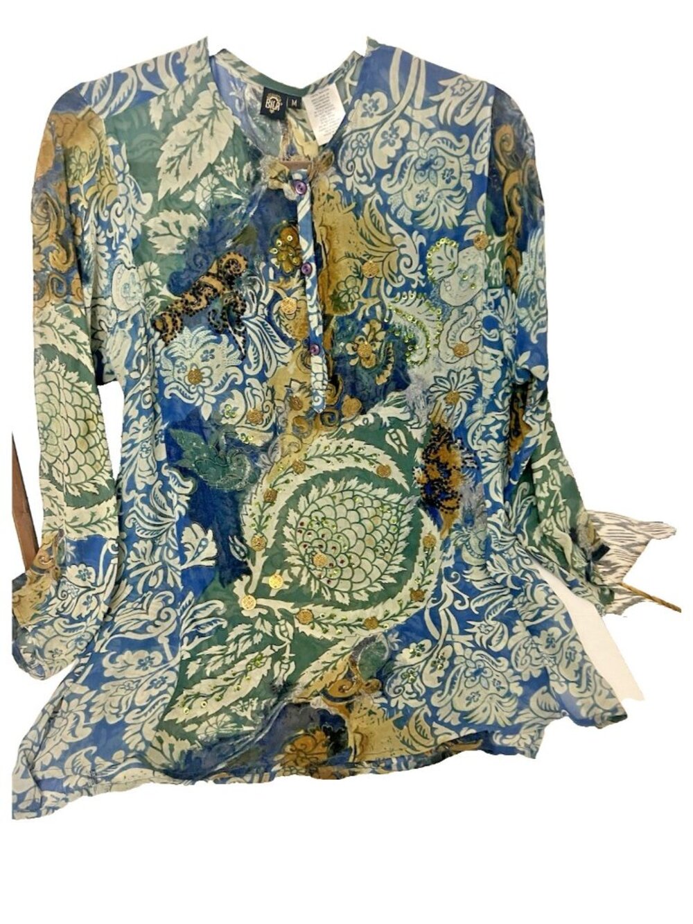 Bila Women’s Boho Tunic Top Medium Multicolor Printed Beaded V-Neck Sheer.   G